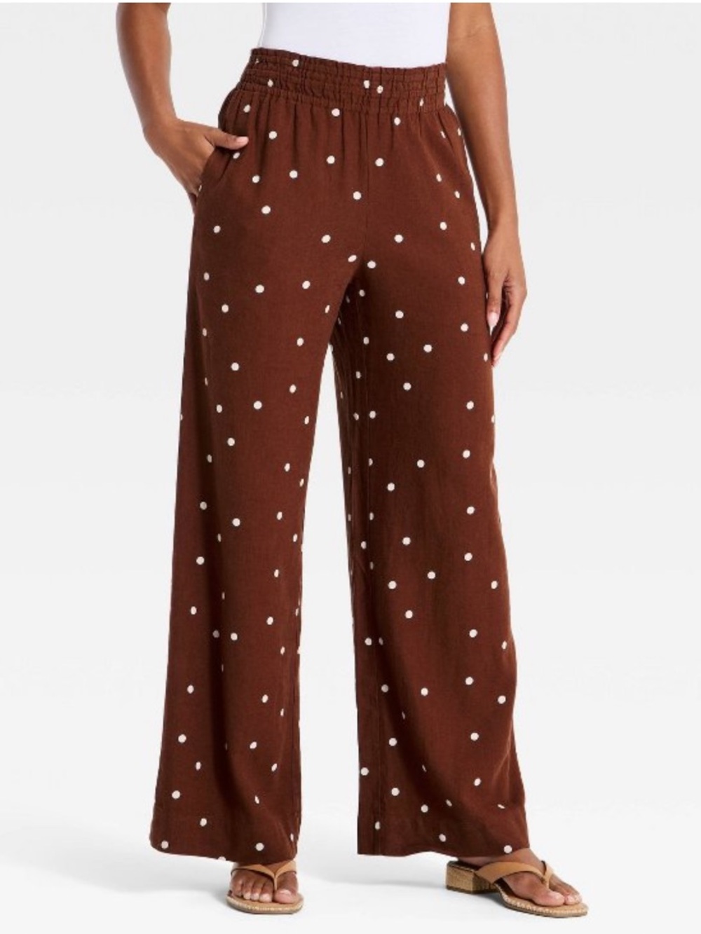 A New Day Women's High-Rise Linen Wide Leg Pull-On Polka Dot Pants Brown XS L